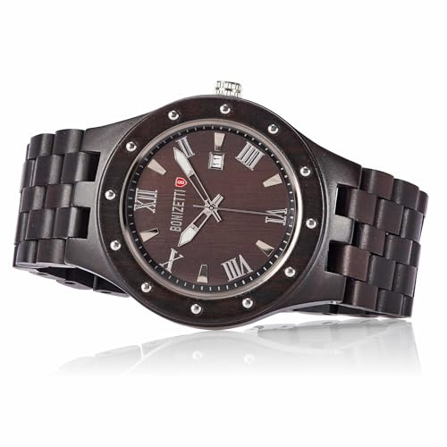 Bonizetti Herrenuhr Matterhorn Armbanduhr mit Armband aus Holz Schwarz 4,5cm Durchmesser Holzuhr, Holzarmband