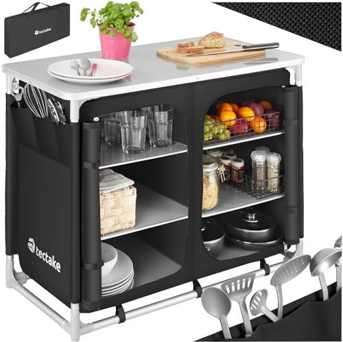 TecTake® Cucina da Campeggio, Mobile da Campeggio con Piano di Lavoro e Ripiani Portaoggetti, Cucina da Esterno Pieghevole, Borsa per Trasporto Inclusa, 97x47,5x78cm - Nero