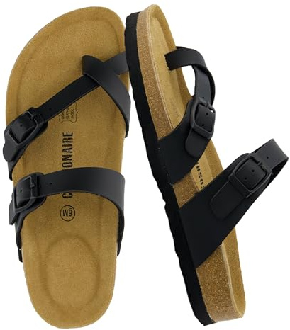 CUSHIONAIRE Luna Sandals for Women, Cork Footbed Womens Sandals for Summer Comfort with Adjustable Straps, Wide Width Available, BLACK 8