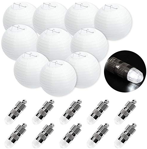 FullBerg 10er 25cm Weiß Papier Laterne Lampions mit 10er Warmweiße Mini LED-Ballons Lichter, rund Lampenschirm Hochtzeit Garten Dekoration, Papierlaterne 10