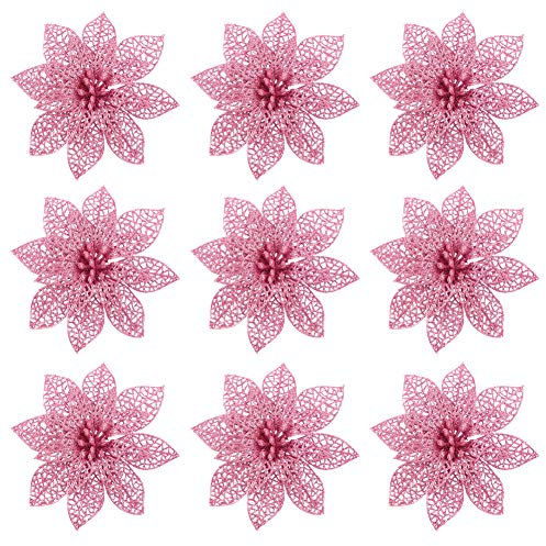 Flores Artificiales para Navidad, 9 Piezas de Adornos de Árbol Con Purpurina Rosa - Decorativas para Bodas (14 cm)