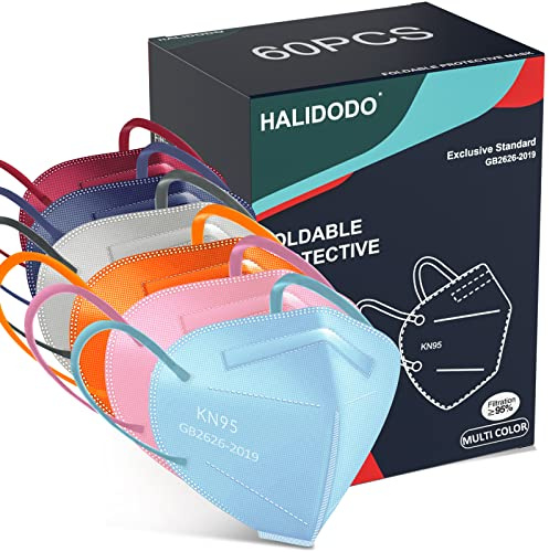 HALIDODO 60 Packs Individually Wrapped KN95 Face Mask 5-Ply Breathable & Comfortable Filter Safety Mask with Elastic Ear loop and Nose Bridge Clip, Protective Face Cover Mask, Multi Color
