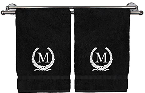 Monogrammed Hand Towel, Personalized Gift, 16 x 30 Inches - White Letter Embroidered with Wreath Design on Black Towel - Extra Absorbent - 100% Turkish Cotton - Soft Terry Finish - Initial M