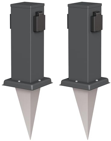 ledscom.de 2X Garten-Steckdosen-Säule Polly mit Erdspieß für außen, IP44, 2-Fach, anthrazit, eckig, 27cm