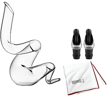 Riedel Boa Dekanter mit Weinausgießer, Set mit Stoppern (2er-Pack) und großem Mikrofaser-Poliertuch (4 Stück)