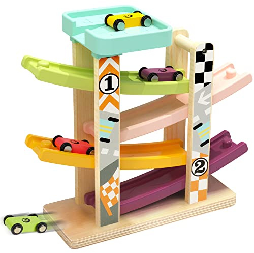 TOP BRIGHT Wooden Car Ramp Toy 1 2 Year with 4 Mini Cars, Assembly Required