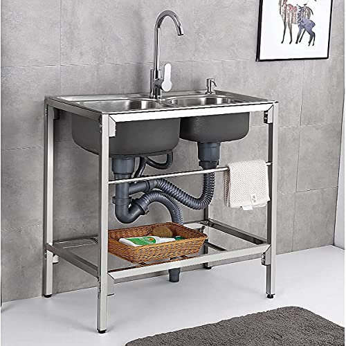 HUMNZR Edelstahl Spülbecken Küchenspüle Doppelspüle Küche Campingküche Spültisch Mobiles Edelstahlspülbecken Spüle mit Ständer,8ox43x75cm-304