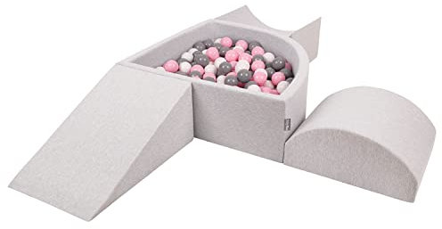 KiddyMoon Skumlekplats för barn med kvartal vinklad bollhav (200 bollar) hinderbana, ljusgrå: vit/grå/puderrosa