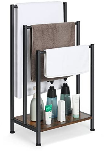 Portasciugamani Indipendente, Supporto per Coperta a 3 Livelli con Ripiano in Legno Marrone Rustico, Portasciugamani Industriale e Portabottiglie con Piedini Antiscivolo per Soggiorno, Bagno