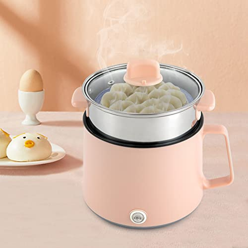 Electric Hot Pot 1.7L Mini Electric Cooker Noodles Pot with Steamer,for Soup Porridge Stew Dumplings Eggs,Dual Power 300W & 600W (Pink)