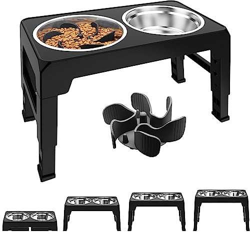 Mavicen Raised Dog Bowl, 4 Height Adjustable Stainless Steel Elevated Dog Double Bowls Set, Raised Slow Feeder Dog Bowl with Stand, Non-spill Portable Pet Bowl Feeder for Large Medium Small Animals