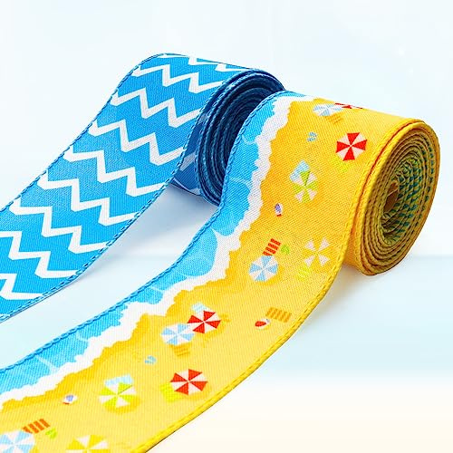 ABTOLS 2 Roll 10 Yards Blue Stripe Ribbons 2.5, Sand Beach Ocean Wired Edge Burlap Ribbon Summer Yellow Blue Wave Ribbon for Farmhouse Decor Gift Wrapping DIY Crafts Wreaths Bow