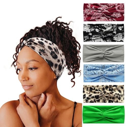 6Pcs Womens Hairband Bandana Haarschmuck für Frauen Erwachsene Boho elastische Turban breite Anti-Rutsch-Haartuch Damen Haarbänder für kurze Haare
