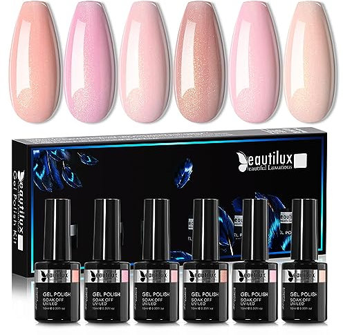 Beautilux Glitzer UV Nagellack, 6 Farben 10ml Gel Nagellack Rosa Glitzer Soak Off Gel Polish für Home-Maniküre