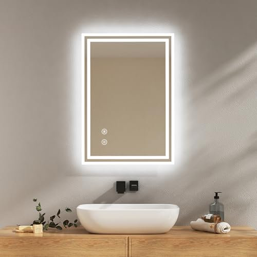 EMKE Badspiegel mit Beleuchtung 50x70cm Badezimmerspiegel mit antibeschlag, kaltweiß dimmbar, Touch, Speicherfunktion, 3 Stunde automatische Abschaltung IP44 energiesparend