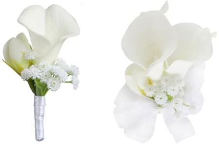 Fouriding Künstliche Weiße Calla Lily Boutonniere Handgelenk Blumen für Hochzeit Bräutigam Trauzeuge Braut Brautjungfer Corsage Anzug für Hochzeit Party Prom Event Zeremonie Jahrestag