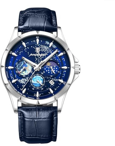 JewelryWe Men Leather Band Watch: Luminous 30M Waterproof Analog Quartz Chronograph Black Blue Wrist Watch Gifts for Father's Day Valentine's Day Christmas