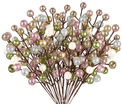 24Pack Glitter Bunt Beeren Stiele, Künstliche Holly Beeren Zweige Deko Weihnachten für Christbaumschmuck Weihnachtsdeko AdventskranzWeihnachtsgirlande Weihnachtskranz Türkranz Weihnachten Ornamente