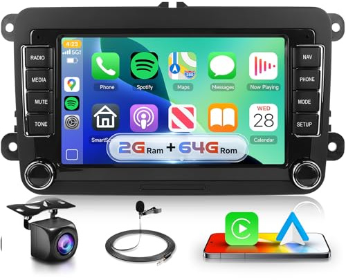 Podofo 2G+64G 7 HD IPS Touchscreen Android Car Stereo Radio for VW Polo Golf Passat SEAT, Wireless CarPlay, Wireless Android Auto, Bluetooth, GPS, WiFi, EQ, SWC, Backup Camera