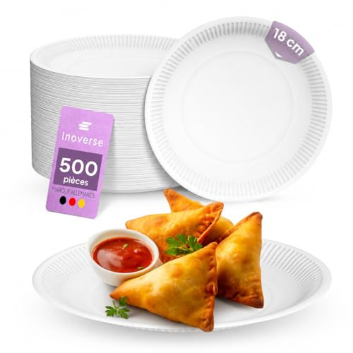 Inoverse Lot de 500 Assiettes en Carton Jetables Blanches 18 cm – Assiettes Rondes pour Gâteau et Dessert – Vaisselle de Fête Écologique pour Anniversaire, Buffet, Traiteur et Événements