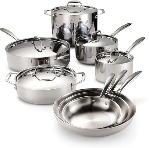 Tramontina Signature - Juego de utensilios de cocina de acero inoxidable con revestimiento de tres capas con tapas, ollas y sartenes, listo para inducción, apto para lavavajillas, certificado NSF