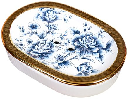 Dowbom Seifenhalter, Keramikseifenhalter, Wasserauslass Design Seifenschale, Seifenbehälter in Geschirr, Seifenschale (blau)