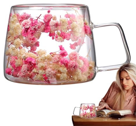 Taza de café con flores secas de doble pared, tazas de vidrio transparente con flores, taza de vidrio resistente al calor de 200 ml con asa, taza de flores creativas para café con leche, jugo de leche