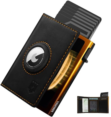 DODENSHA® MagSnap Airtag Wallet Uomo I Custodia per carte di credito Uomo I Smart Wallet per 10+ carte I Portafoglio con scomparto portamonete I Portafoglio con AirTag (Nero Giallo)