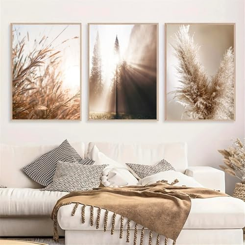 AQCQDQ 3er Premium Poster Set, Beige Boho Pampasgras Bilder, Modern Wanddeko, Schilf Natur Leinwandbilder für Wohnzimmer Schlafzimmer - Ohne Rahmen (40x50 cm,A)