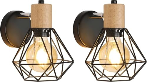 DELIPOP 2 Stück Wandleuchte Innen Vintage, Retro Wandlampe Holz und Metall Schwarz E27, Wandspot Verstellbare Wandbeleuchtung für Wohnzimmer Schlafzimmer Büro Küche Flur