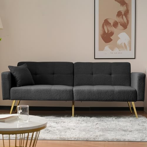 Gelukueub Divano letto con funzione letto, angolo regolabile, gambe dorate, con cuscino e tasche laterali (grigio)