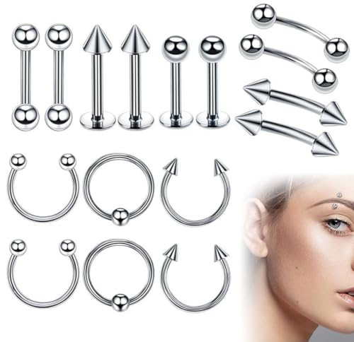 XURJUMI 16 Unids Anillos de Ceja de Acero Inoxidable Anillo de Labio Barbell Anillo Curvo Tragus Pendiente Piercing Joyería para Mujeres Hombres