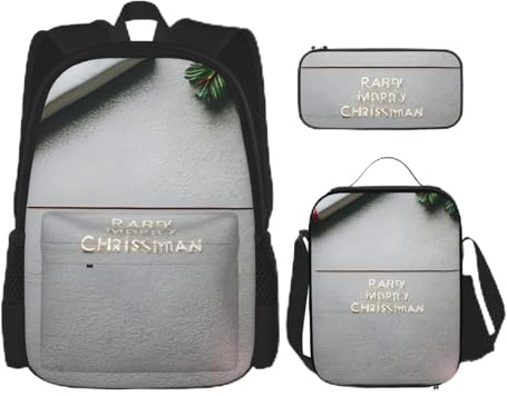 OXKGHHO Juego de mochila de trabajo con estampado de Feliz Navidad con lonchera aislada, correas ajustables, para gimnasio y uso diario, Negro -, Talla única