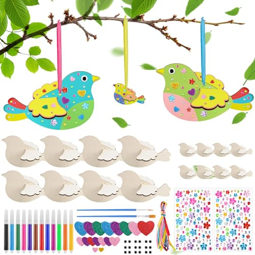 MINISOISO 16 Stück 3D Vogel Windspiel Bastelset aus Holz zum Bemalen, Bastelset Kinder in 2 Größen, DIY Basteln Kinder Handwerk Bastelsets für Frühling & Geburtstag, Geschenk Jungen Mädchen