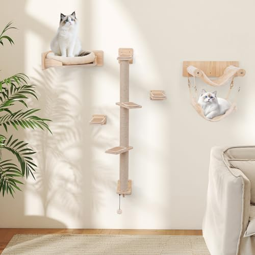 COSTWAY 5 stycken klätterväggar, katter, klösträd med plattformar, klösstänger för jute, kattsäng, 2 hängmattor, boll och steg, kattträd, vägg, kattrappa, klätterträd, trä, kattmöbler, natur