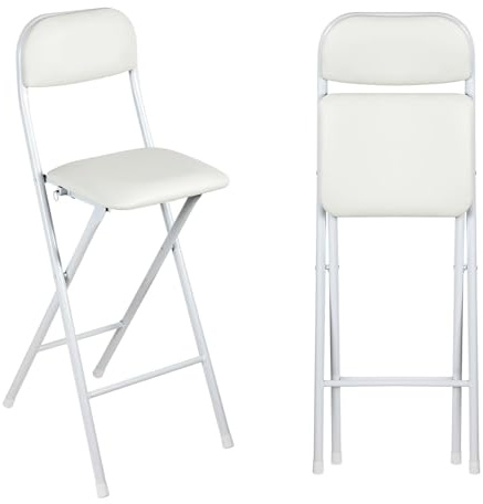 Sgabello alto imbottito pieghevole con schienale, 70 cm, sedia da bar con poggiapiedi, per cucina, ufficio, negozio, comoda ed elegante, colore: bianco (71,1 cm)