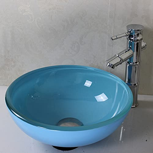 30cm Peacock Blue Mini Round Tempered Glass Vessel Sink Stylish Countertop Washbasin for Bathroom & Cloakroom (Faucet Not Included)
