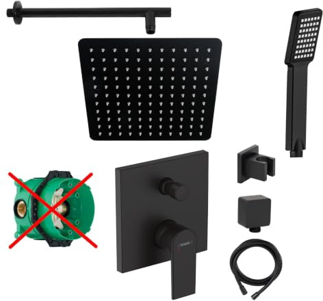 vanvilla Duschsystem Unterputz mit Duscharmatur Hansgrohe schwarz HGS87ob | Duscharmatur von Hansgrohe Vernis Shape Einhebelmischer und vanvilla Regendusche Duschkopf eckig, Dusch-SET schwarz