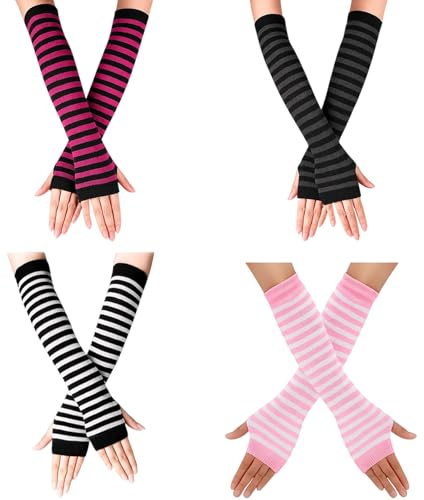 HcvGcm Armstulpen Damen, Femboy Clothes, 4 Paar Fingerlose Handschuhe, Baumwoll-Strick Armwärmer Für Frauen, Gestreiftes Design Für Herbst Und Winter, Ideal Für Outdoor-Aktivitäten Und Fashion