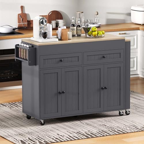 NADEUSAK Isla de cocina con ruedas extensible comedor isla de cocina con encimera y cajones móvil independiente ideal para cocina y comedor gris+natural