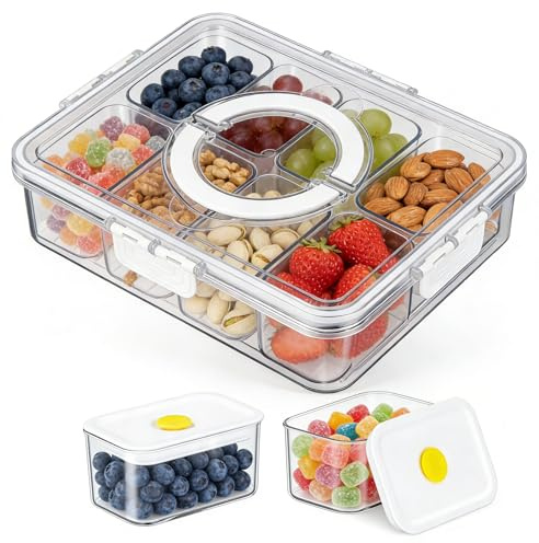 Yitriden Wiederverwendbare Snackschalen mit 8 abdeckbaren Fächern – 8-teiliges Set inkl. Servierplatte, Perfekte Trennung für Snacks, Obst, Dip & Gemüse, auslaufsicher und aromadicht