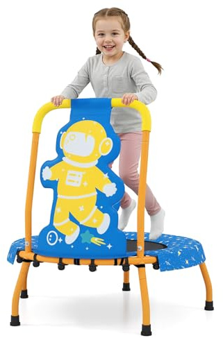 COSTWAY φ71cm Trampoin Kinder, Min-Trampolin mit Griff & Randabdeckung, Kindertrampolin mit Astronauten-Motiv, Fitness Trampolin Indoor, Trampolin-Rebounder für 3-6 Jahren Jungen & Mädchen (Blau)