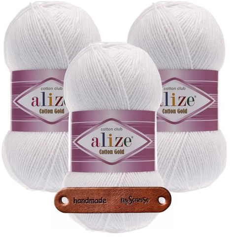 ALIZE Cotton Gold 55 White Premium Wolle 3 x 100g weich und angenehm für Tops Kleider und Accessoires für Frühling und Sommer, Amigurumi, Babydecke und Wohnaccessoires mit mySearose Label