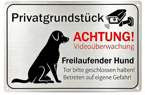 Cartel de advertencia de 30 x 20 cm, con diseño de perro y videovigilancia, autoadhesivo con agujeros, resistente a la intemperie, compuesto de aluminio para valla y puerta