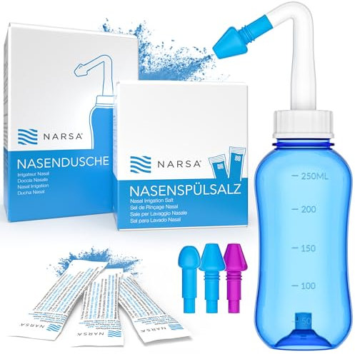Nasendusche Set NARSA® · 30x Nasenspülsalz · 3 Aufsätze für Erwachsene und Kinder · Nasenspülkanne zur Nasenreinigung und Nasenspülung bei Erkältung und Allergie