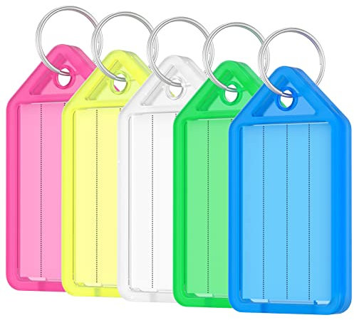 Uniclife 20 Stück 5 cm robuste Kunststoff-Schlüsselanhänger in 5 sortierten Farben Artikelkennzeichen mit leeren Papieretiketten Transparente Abdeckungen und Spaltringe, 20 Stück