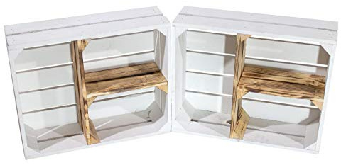 Kontorei Flache weiße Obstkiste mit geflammten T Trenner 50cm x 40cm x 16cm 2er Set Vintagemöbel 3 Fächer Weinkiste Apfelkiste Holzkiste Ablageregal weiss