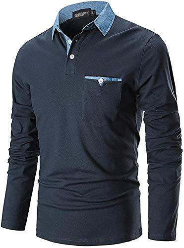 GNRSPTY Poloshirt Herren Langarm Basic Denim N?Hen Casual Baumwolle Golf Tennis Poloshirts
