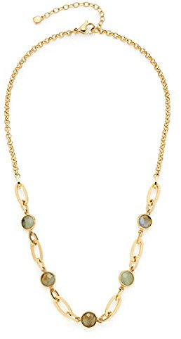 Leonardo Giordana Halskette aus Edelstahl 1 Stück, Kurze Goldfarbene Gliederkette mit eingefassten Labradorit-Steinen grün, Damenschmuck, 021554