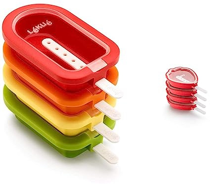 Lékué Classic Eisformen, stapelbar, 16,5 cm, 4 Stück, verschiedenfarbig, Silikon, Rot/Gelb & Eisformen in Erdbeerform, Silikon, rot, 15,4 x 9,4 x 3,3 cm, 4 Stück